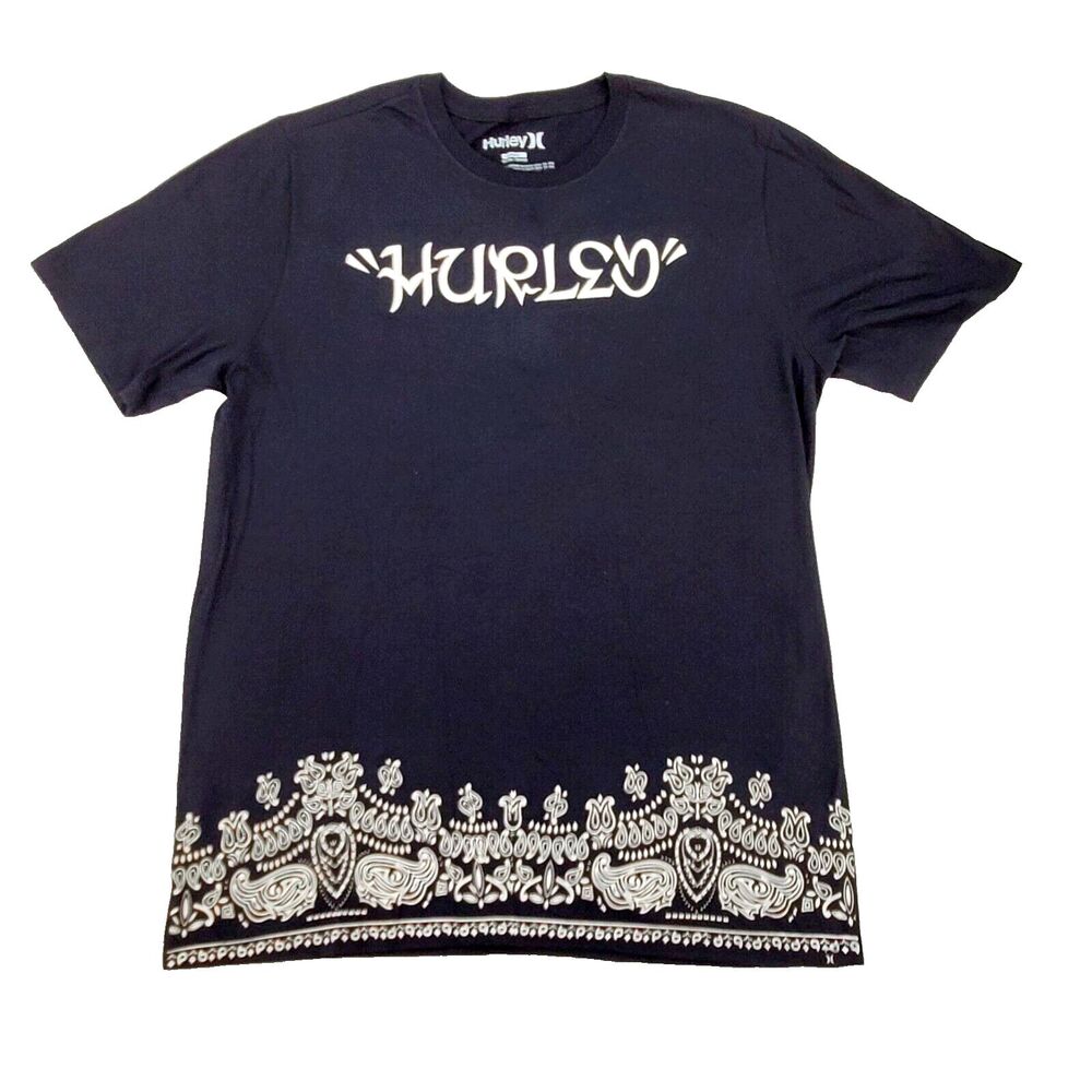 Hurley T Shirt Men Large Black Bandana Style Print Streetwear Surf Skate Urban